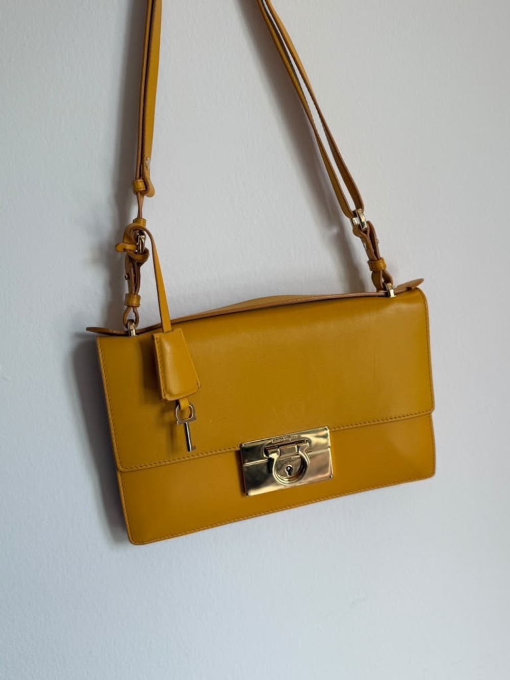 Salvatore Ferragamo Mustard Leather Crossbody with Gold Lock
